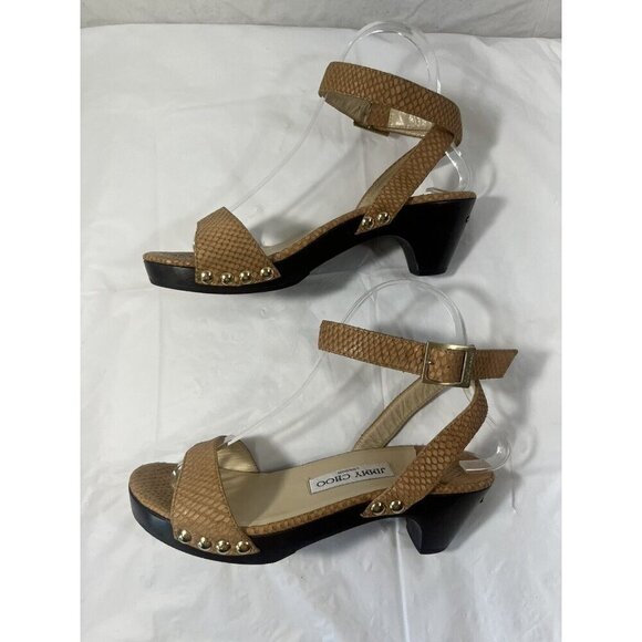 Authentic JIMMY CHOO Leather Snake Embossed Tan and Brown Wood heel size 37 - Picture 4 of 15